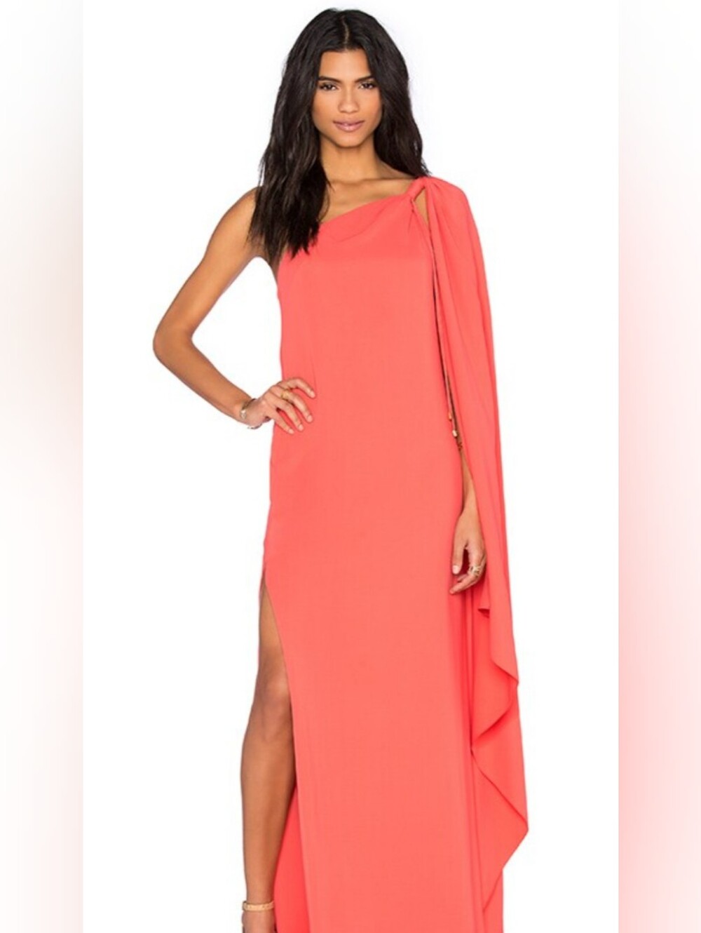 Rachel Zoe Coral One-Shoulder Maxi Gown with Draped Cape